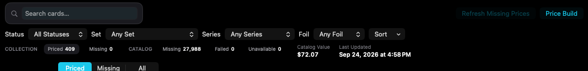 Switch between priced cards and cards that have no current pricing.