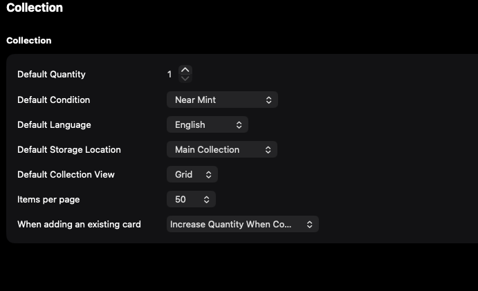 Defaults apply when a card is added, including quantity and condition.