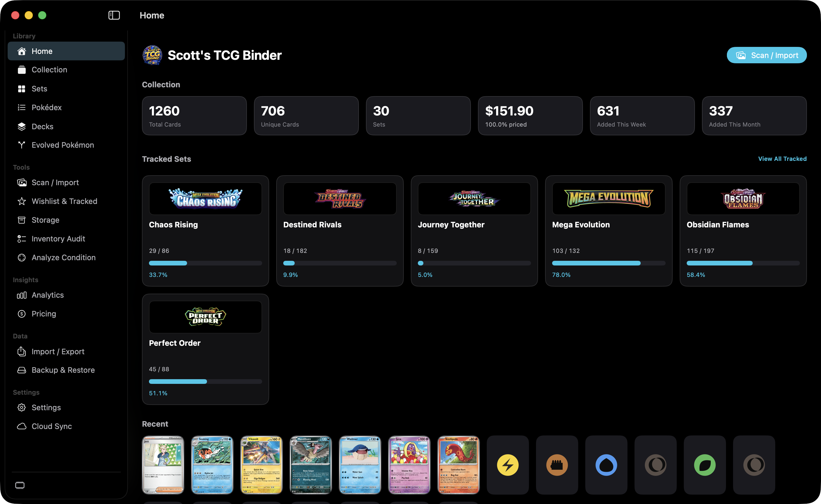 Home dashboard showing collection totals, six tracked sets, and recent cards.