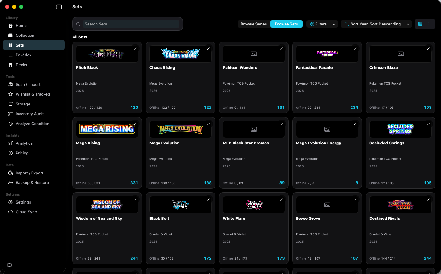 Sets browser showing set logos, series, year, and completion counts.