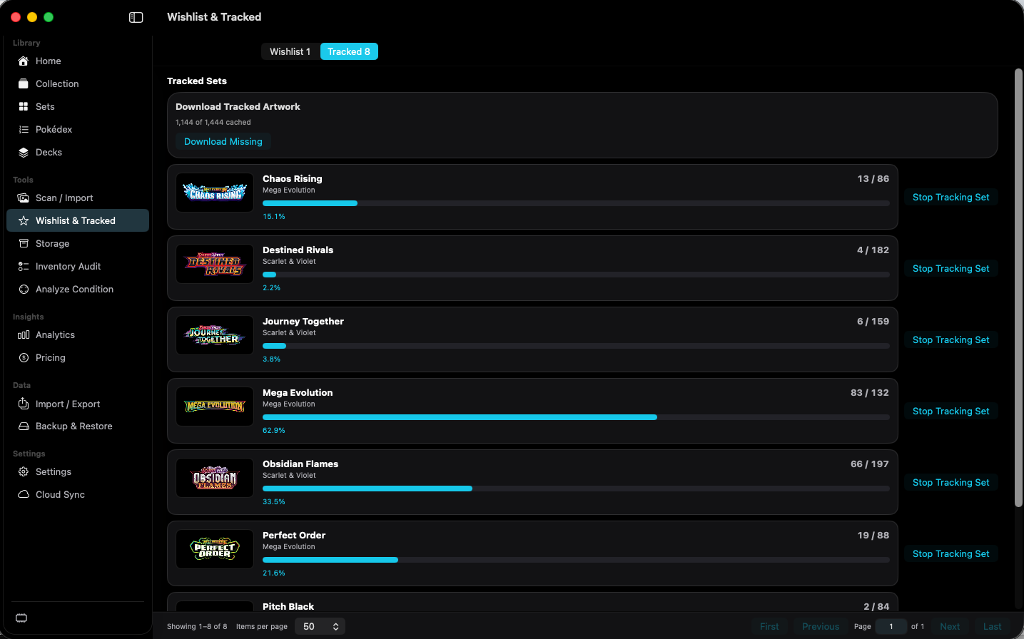 Tracked sets list with completion bars and Stop Tracking Set.