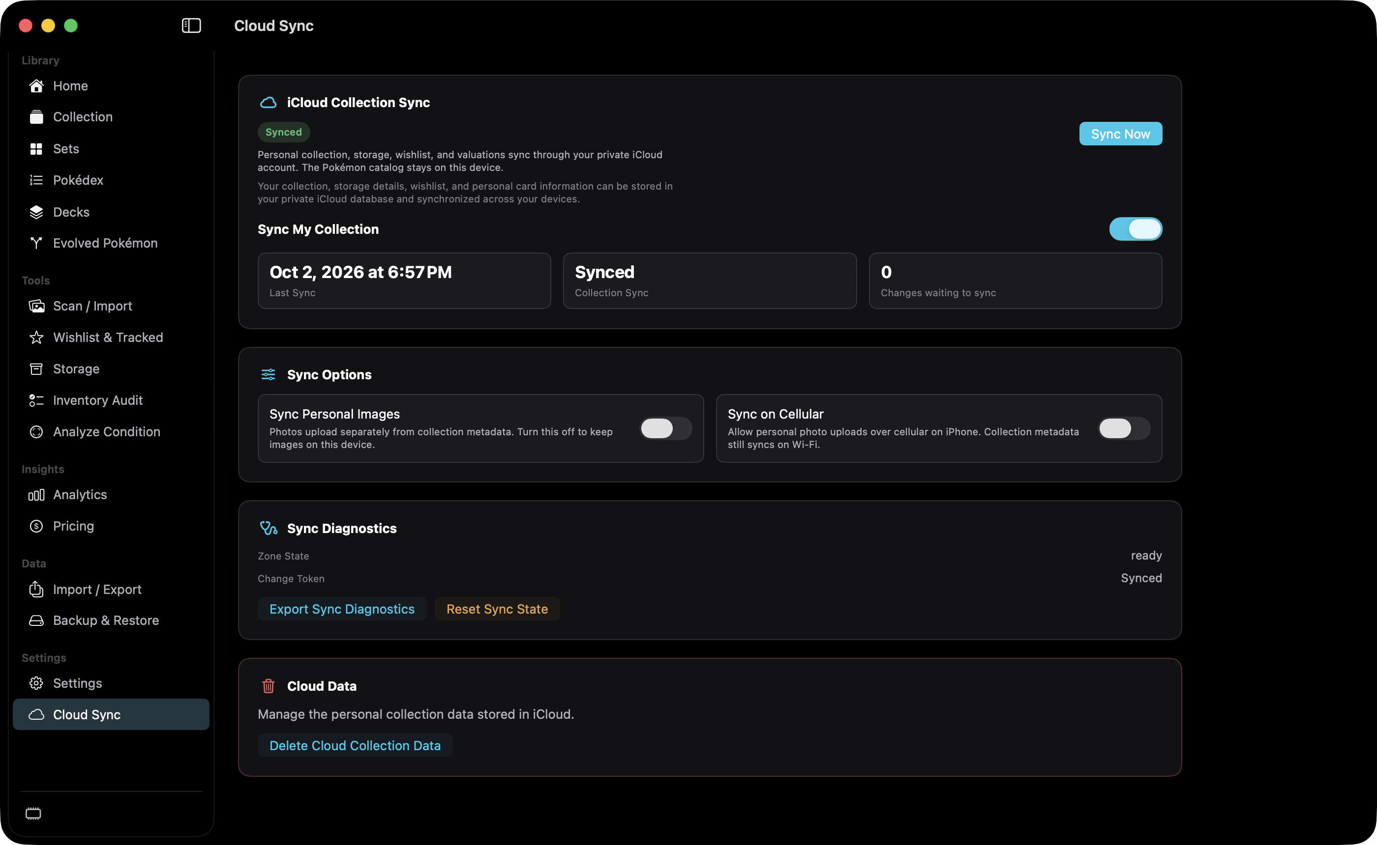 Cloud Sync showing Synced, Sync Personal Images off, and Delete Cloud Collection Data.