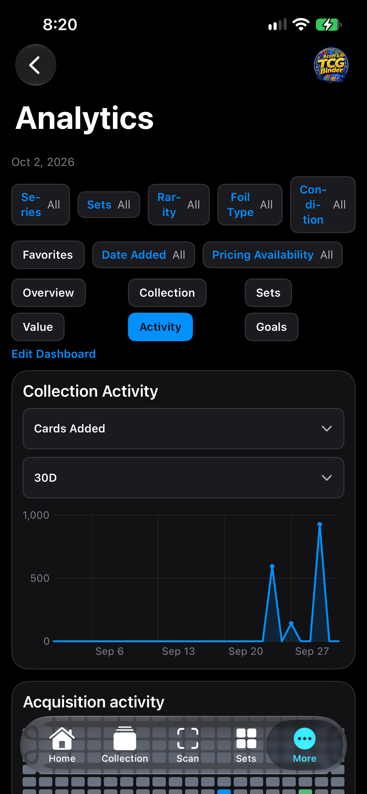 iPhone Collection Activity with menu selectors for mode and range.