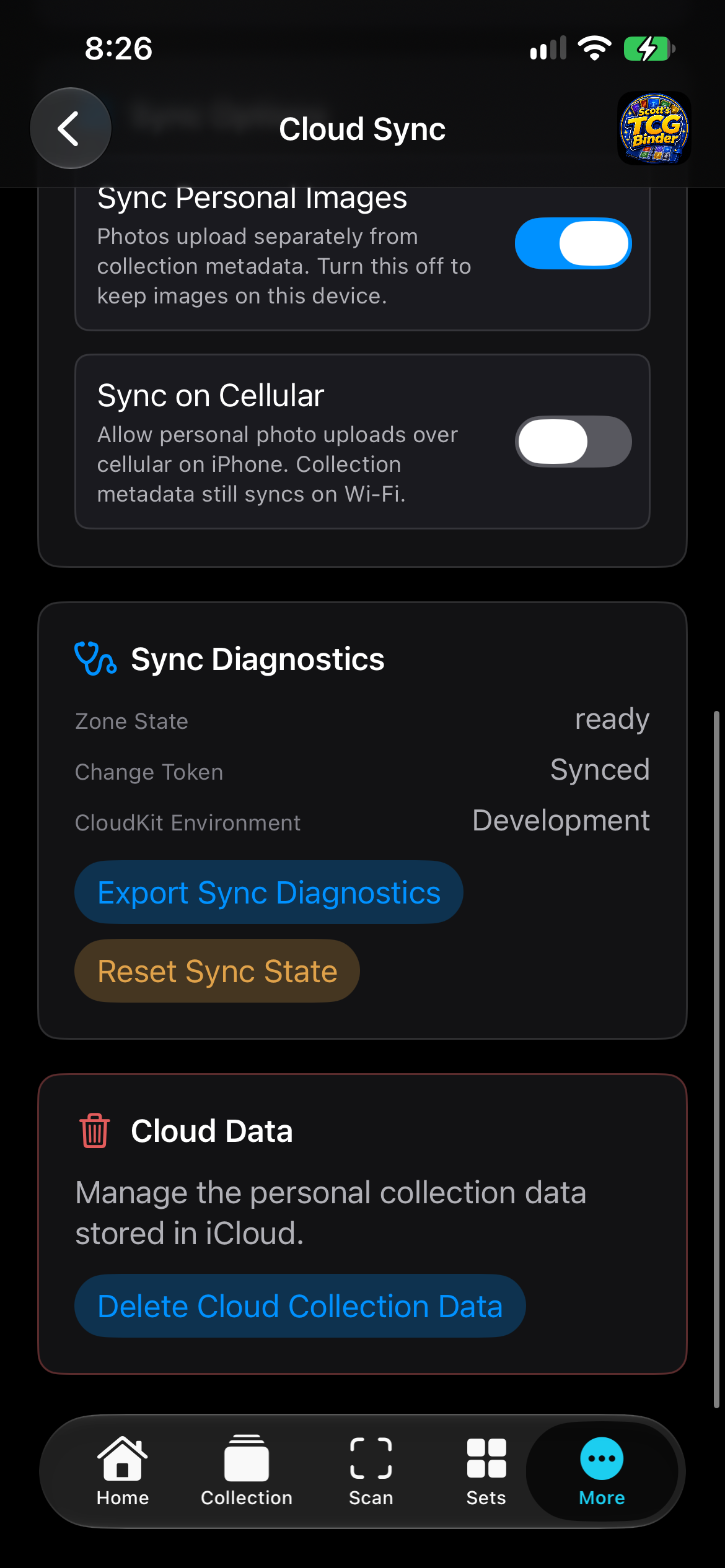 iPhone sync options with personal images on and cellular uploads off.