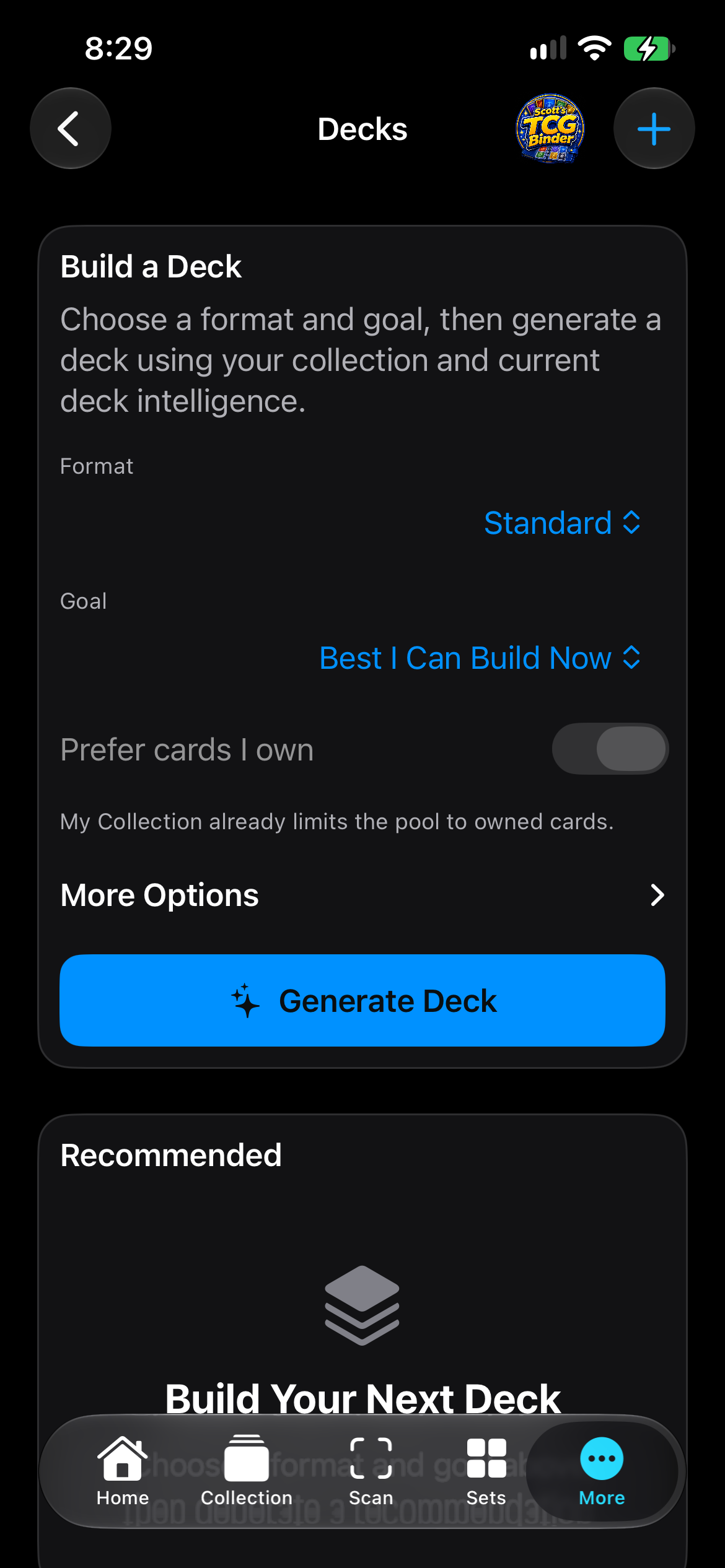 iPhone Decks with Standard, Best I Can Build Now, and Generate Deck.
