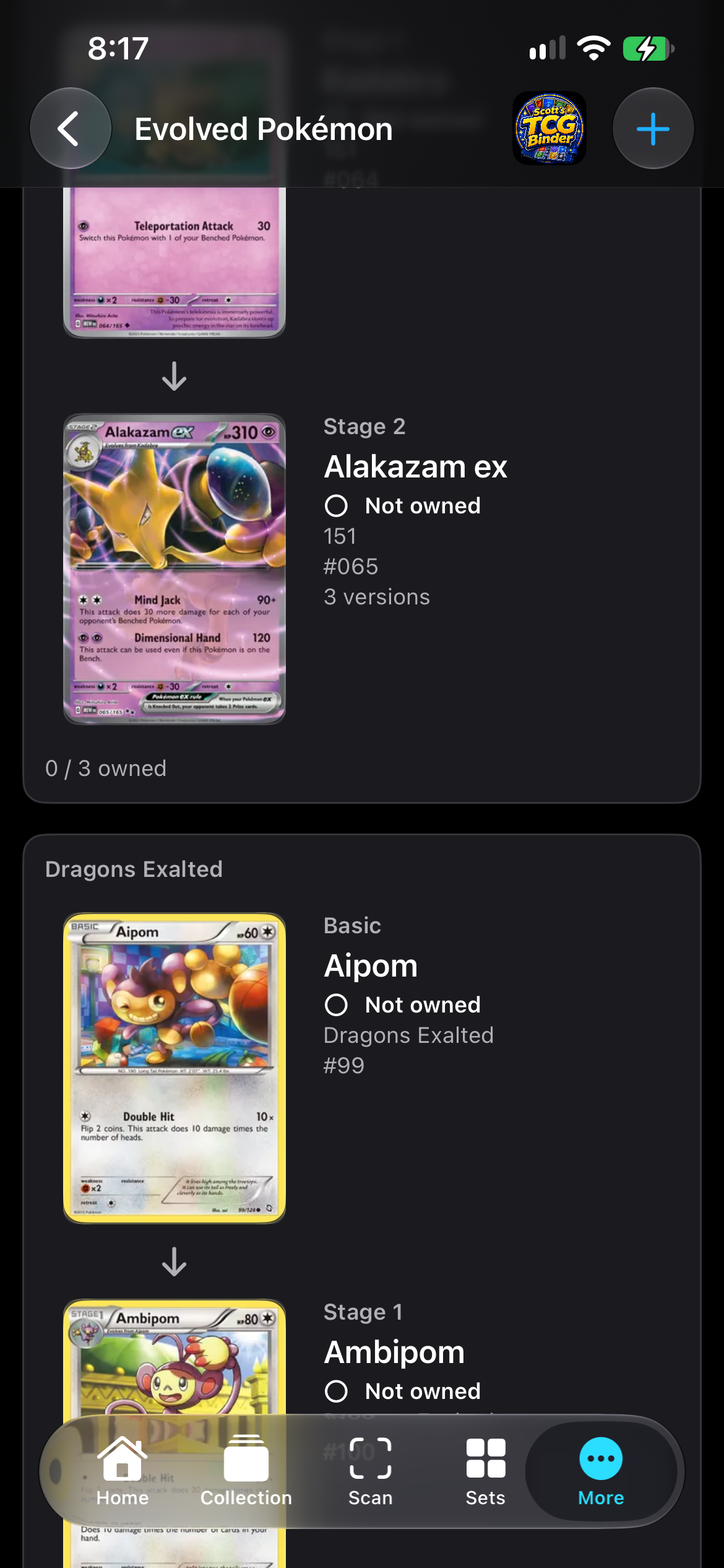 iPhone evolution chains for Alakazam and Aipom stacked vertically.