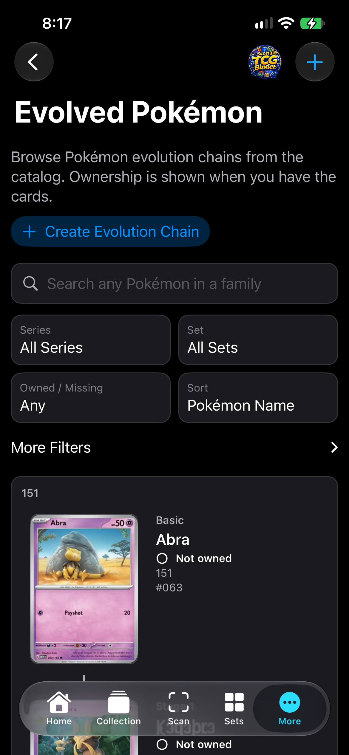 iPhone Evolved Pokémon search and filter menus.