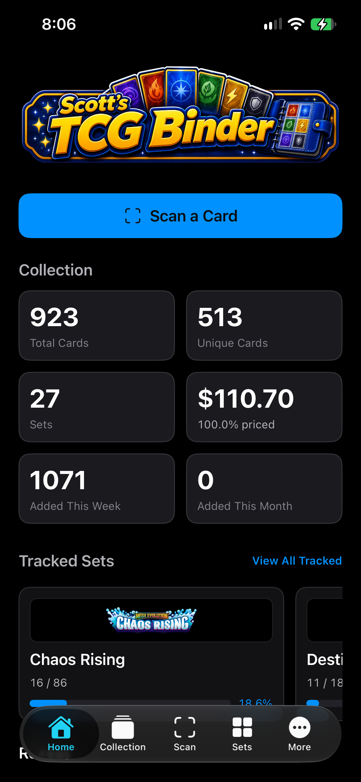 iPhone Home showing collection totals, Scan a Card, and tracked sets.