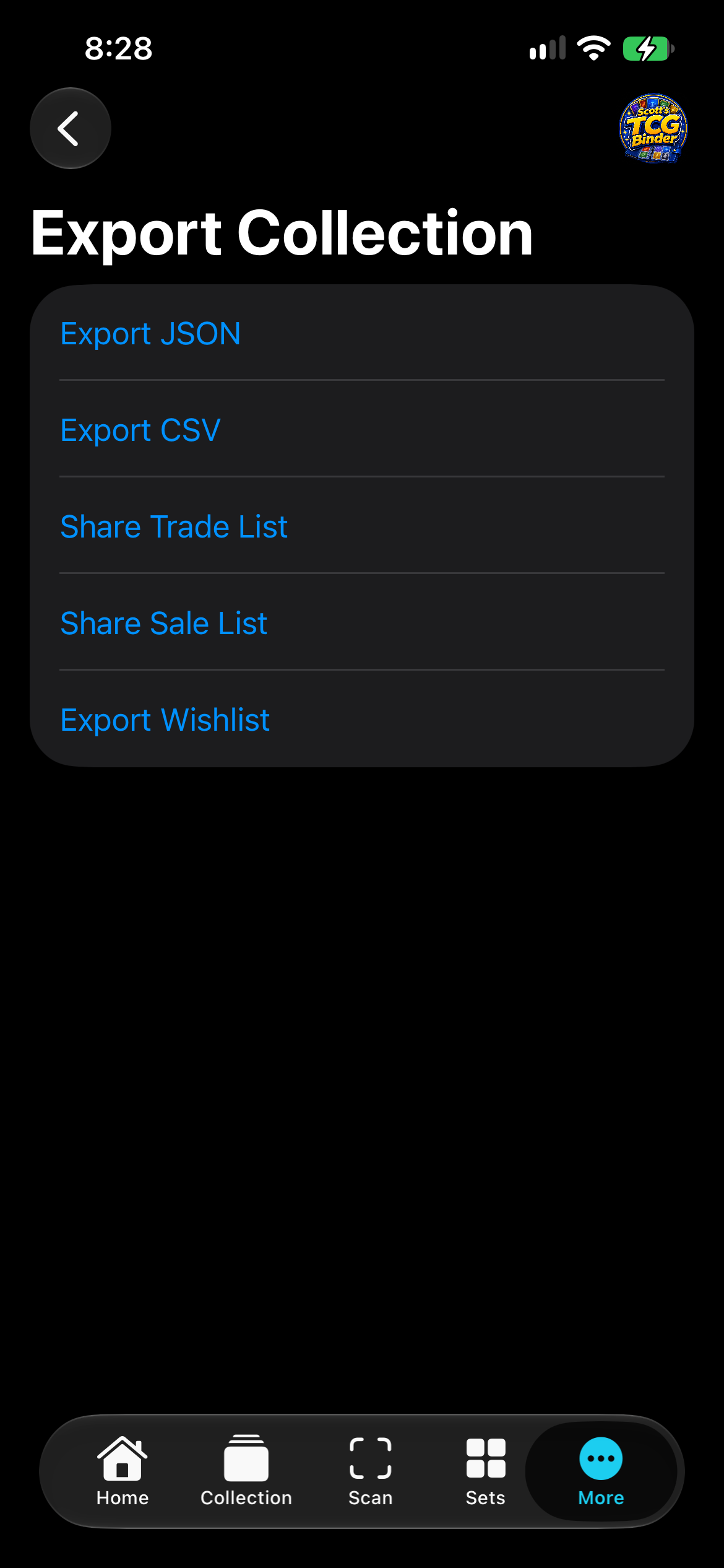 iPhone Export Collection with JSON, CSV, trade, sale, and wishlist.