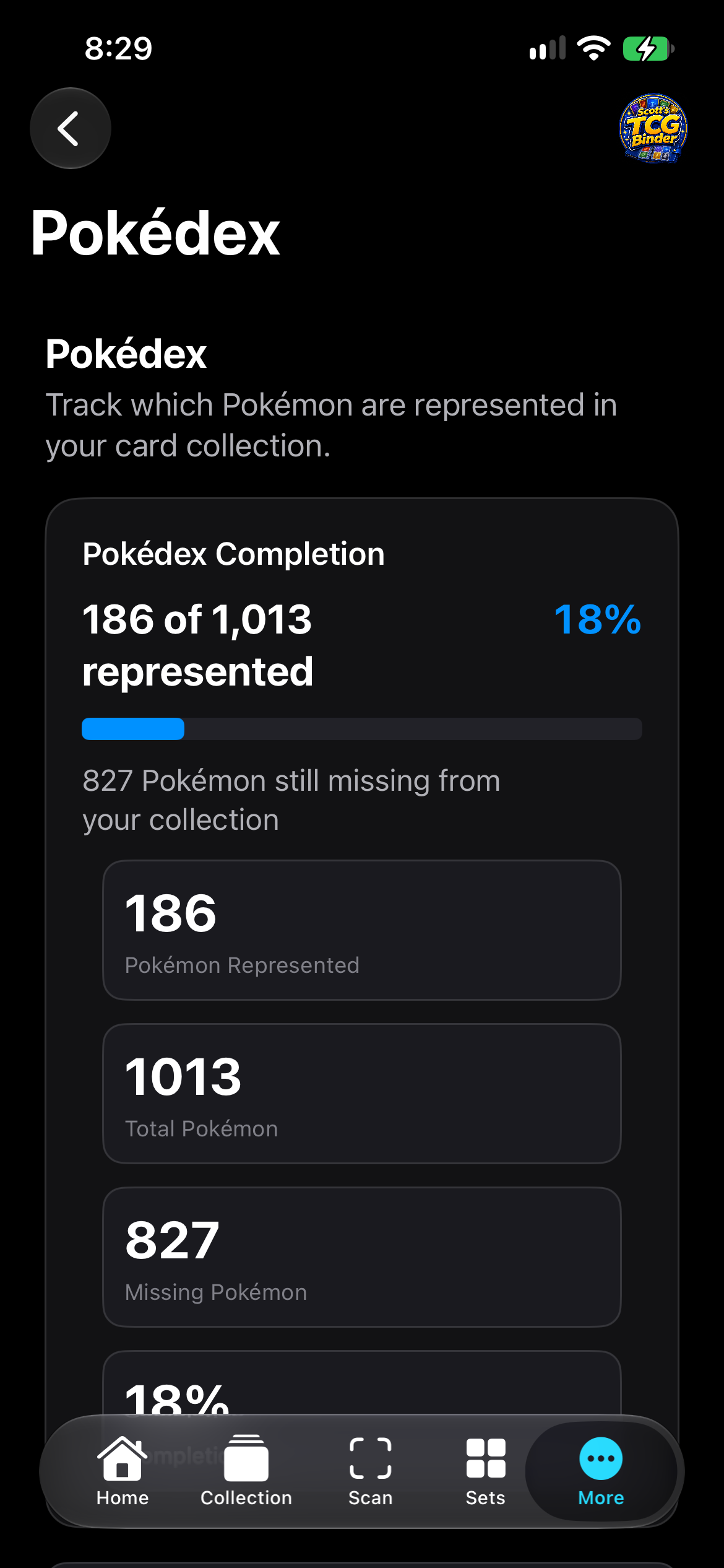 iPhone Pokédex showing 186 of 1,013 Pokémon represented.