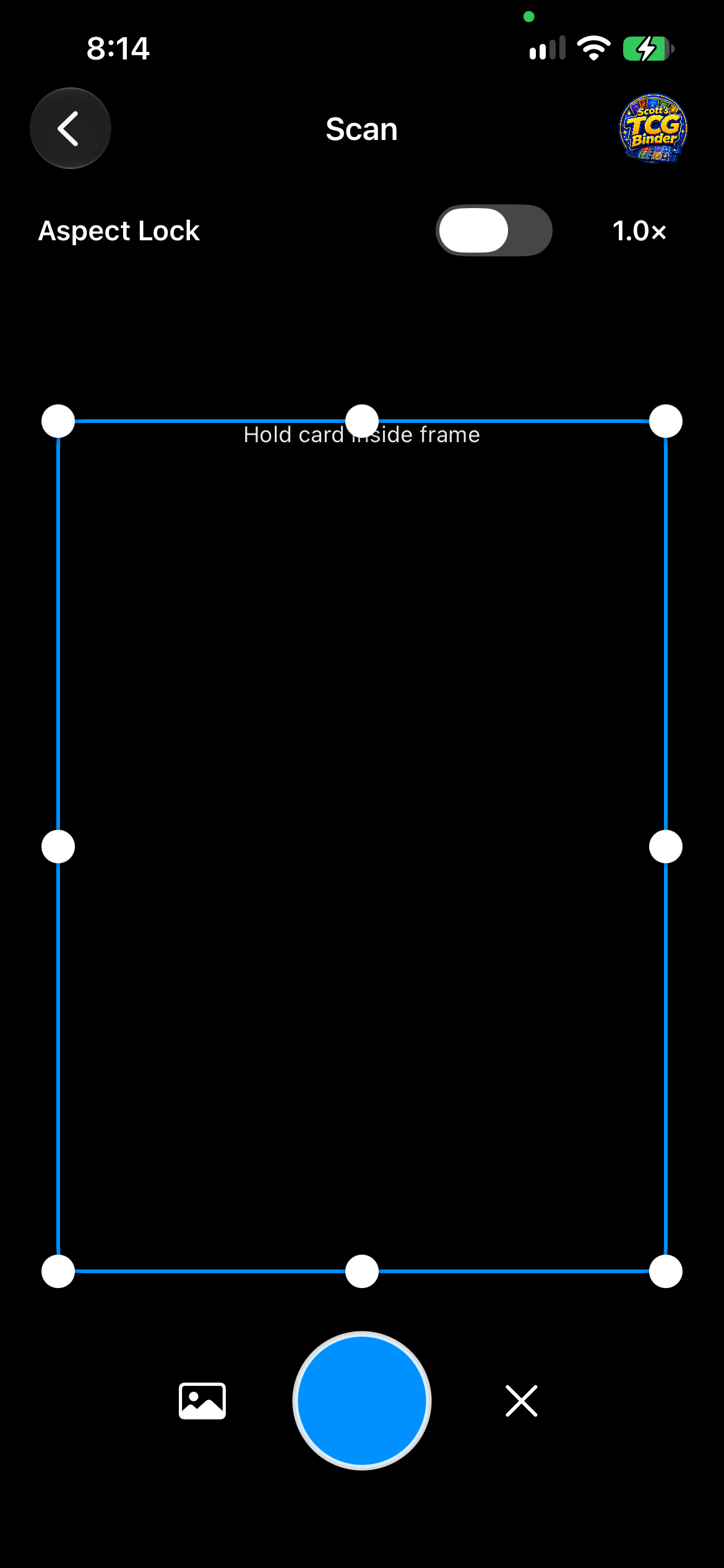 iPhone camera scan frame with Aspect Lock, zoom, and shutter.