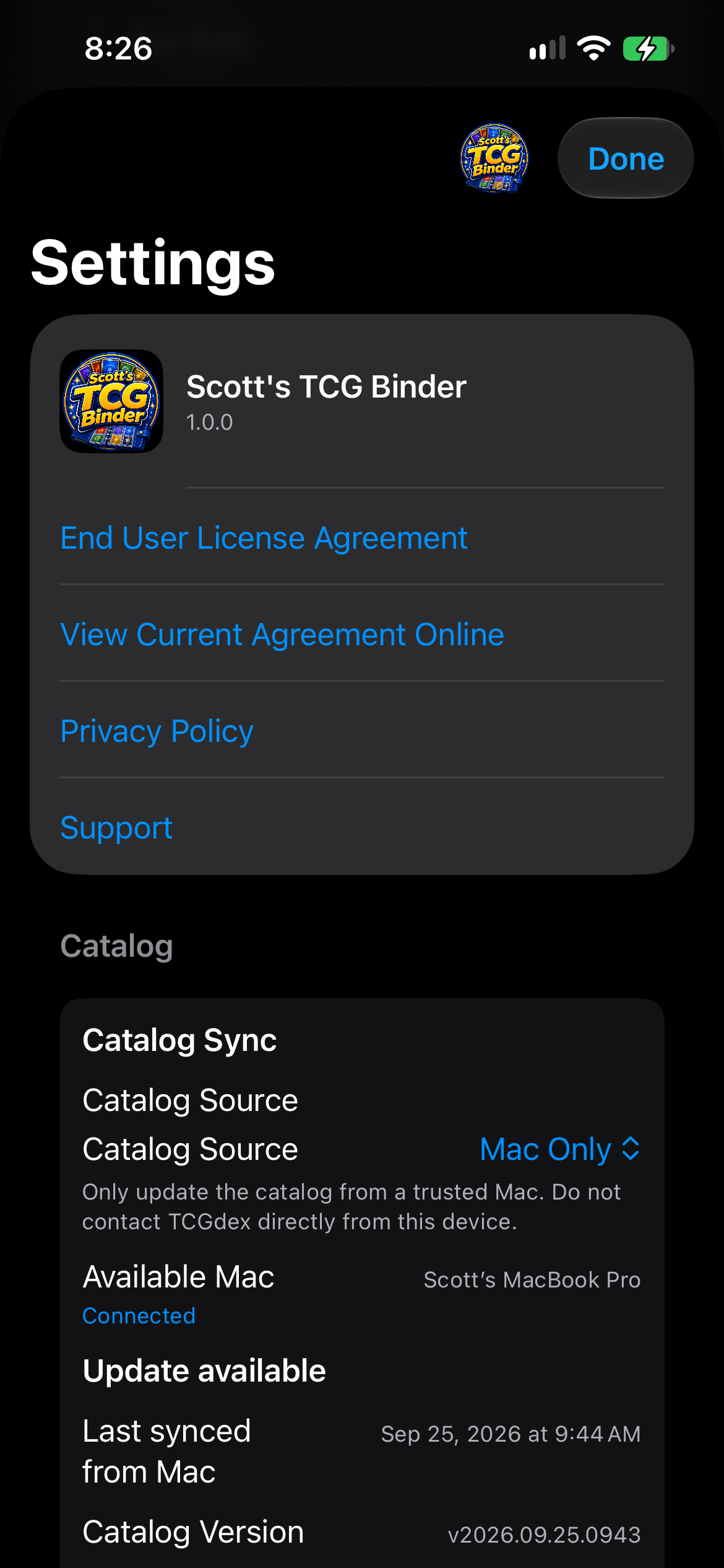 iPhone Settings showing version 1.0.0 and Catalog Source Mac Only.