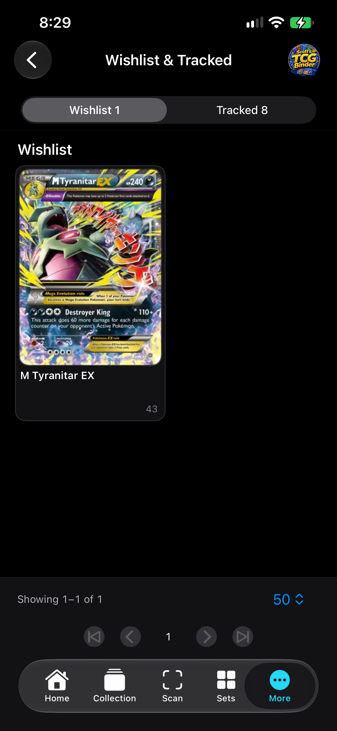 iPhone Wishlist showing M Tyranitar EX.